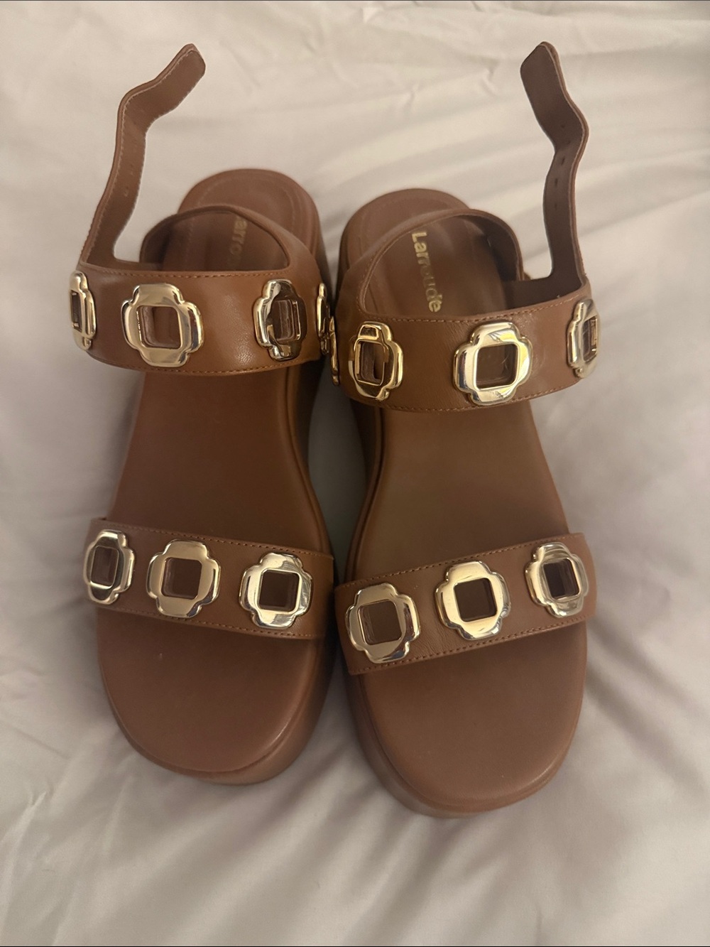 Larroude Brown Leather Double-Strap Sandals with Gold Buckle - Larroude 8.5